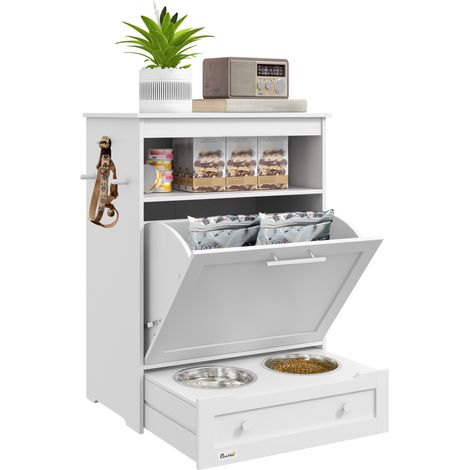 Mobiler Futterschrank für Haustiere mit 2 Edelstahlnäpfen, 3 Haken, weiß 61 x 35,5 x 82 cm (1/4)