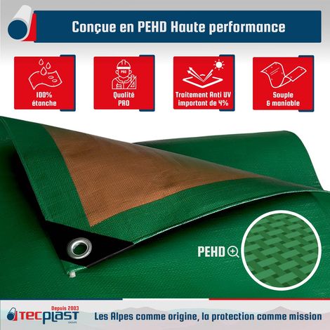 Tecplast – Bâche de protection 10x12 m 250g/m² – Étanchéité totale – Résistante aux intempéries – Ourlet périphérique et œillets aluminium