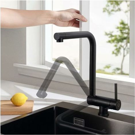 Robinet de cuisine noir, mitigeur de cuisine rétractable sous fenêtre, bec flexible pliable à 90 ° / rotatif à 360 ° / pivotant à 360 °, robinet noir, robinet de cuisine en acier inoxy (1/5)