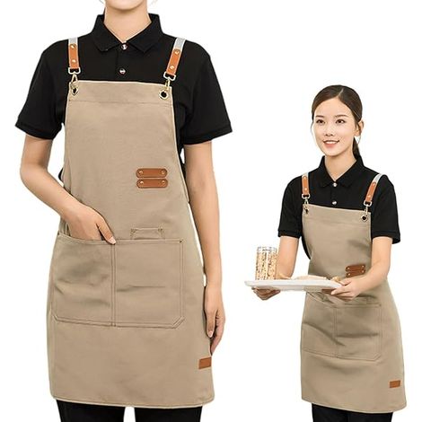 Tabliers en toile, tabliers de travail pour hommes et femmes avec grandes poches, tablier à dos croisé pour magasin, jardin, restaurant, café (1/5)