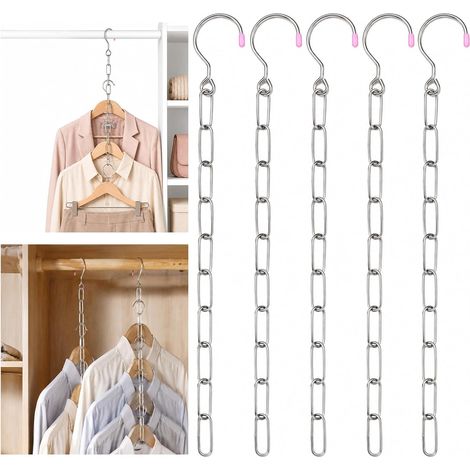 5 Pièces Cintre Gain De Place – Cintres en Métal à Suspension Chaînée pour Une Organisation Optimale De Placard, Idéal pour Dortoir, Bureau Et Voyage, Rangement Anti-Froissement (1/5)