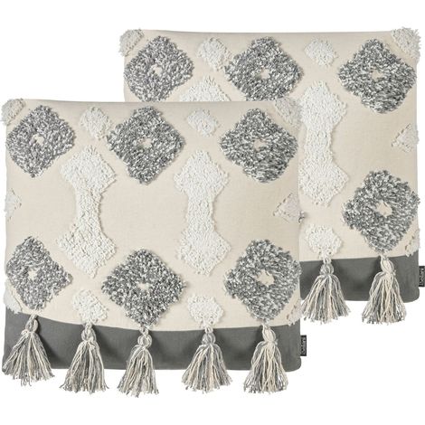 Set di 2 cuscini decorativi boho con nappe 45 x 45 cm bianco e grigio Alocasia (1/5)
