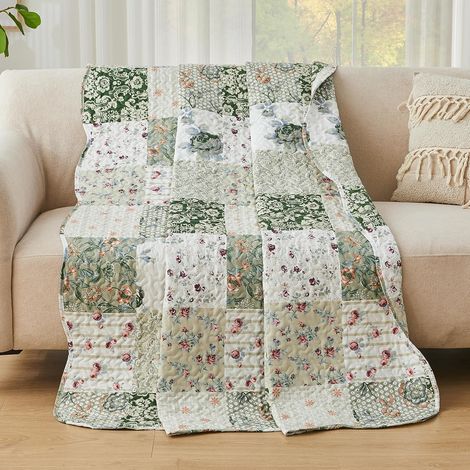 Couvre-lit Patchwork de Style à Motif Floral, Couvre-lit matelassé en Polyester léger et Respirant, Couverture matelassée (Vert, 150x200cm) (1/5)