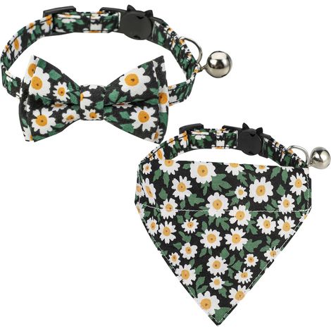 Collier Chat - Fermoir Sécurité Détachable - Coton - 28 x 1 cm - Ajustable 15 à 28 cm - Avec Clochette et Nœud Papillon Floral - Lot de 2 (1/5)