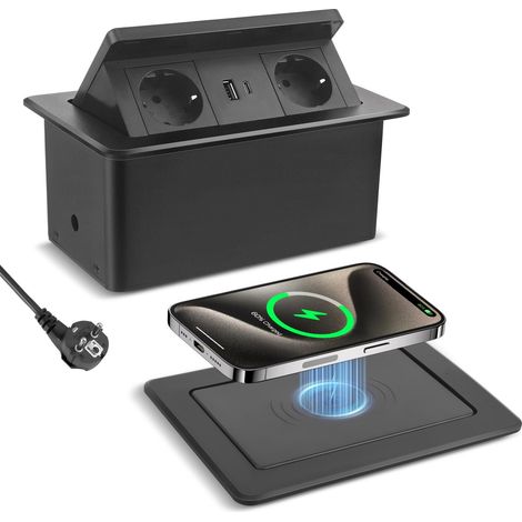 Prise Encastrable Plan De Travail 1,8 M Câble Multiprise Plate Avec USB C PD 20 W Et 15 W Sans Fil Escamotable Pour Cuisine Moderne