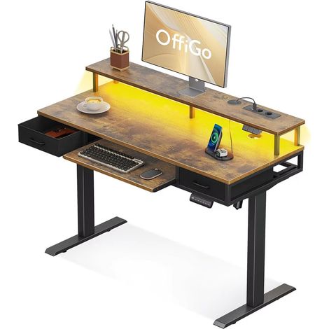 Bureau réglable 120 cm électrique – Avec tiroirs et support clavier – Table de bureau marron (1/3)