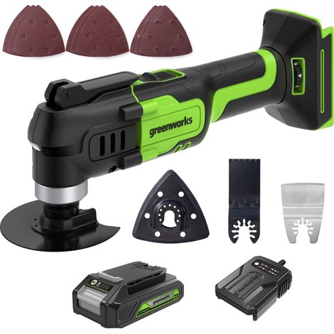 Greenworks G24MTK2 Utensile Multifunzione a Batteria Oscillante 6 Velocità Regolabili da 5000 a 18000 con 5 Accessori con 2Ah Batteria (1/4)