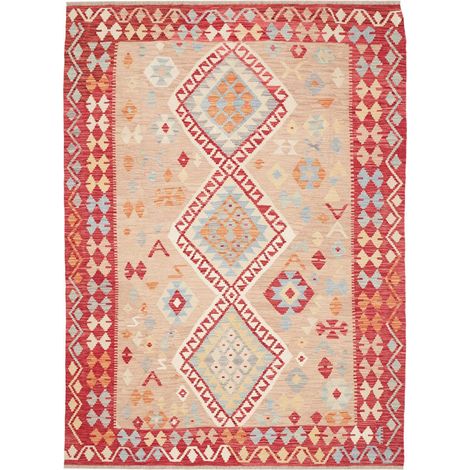 Tapis kilim 173 x 235 cm, géométrique, multicolore beige rouge, en laine naturelle, tissé plat authentique du Pakistan (1/5)