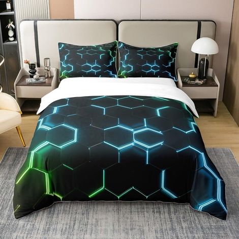 Bleu Vert et Noir imprimé 100% Coton Housse de Couette 140x200cm Hexagonal Parure de lit Enfants Garçons Adolescents nid d'abeille en nid d'abeille Géométrique Ensemble de Literie - 140 x 200 cm + 1 t (1/5)