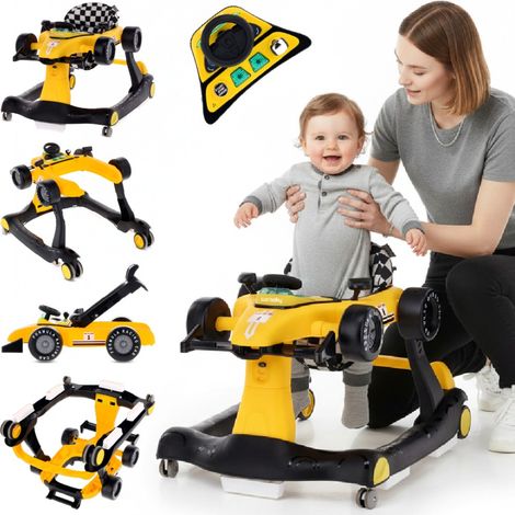 Andador interactivo, andador con ruedas, coche de carreras de Fórmula 1, 3 en 1, amarillo