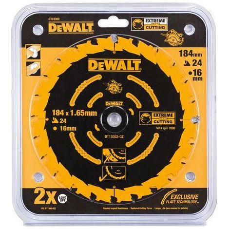 DEWALT DT10302-QZ - Hoja de sierra circular Elite, Diámetro de la hoja: 184/16 mm, Ancho de corte: 1,65 mm, 24 dientes, Ángulo de los dientes: 18°, Dientes de carburo ultra afilados, Nail Tough, Uso u