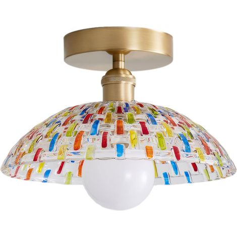 Plafonnier en Verre Mosaïque Coloré 25/30cm, Luminaire Plafond Semi-Encastré en Dôme avec Socle Doré en Métal,Douille E27 Art Déco Plafonnier pour Entrée,Chambre,Salon,Couloir (30CM) (1/5)