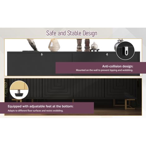 Le meuble de rangement noir (152 x 40 x 75 cm) présente un design géométrique unique. Ses poignées et ses pieds sont en or, ce qui lui confère une apparence élégante. (1/5)