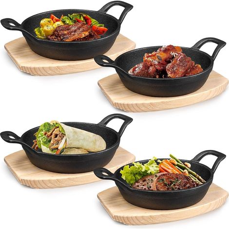 Lot de 4 Mini Poêles en Fonte 16 cm, Poêlons à Servir avec Plateaux en Bois  Poêles à Servir 450 ml pour Tapas, Œufs, Gratins, Desserts, Four, Induction, Gaz, Grill et Service à Table (1/5)