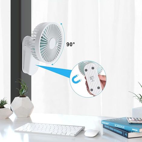 Mini Ventilateur à Pince 4000mAh, Ventilateur à Clip avec Support Magnétique, Ventilateur Portable USB 3 Vitesses, Puissant et Silencieux pour Maison, Bureau, Table, Camping etc (Blanc)-Ensoleillé (1/5)