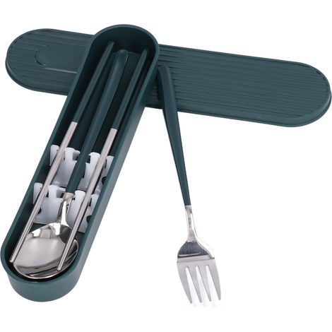 Ensemble de couverts réutilisables en acier inoxydable 304 (fourchette, cuillère et baguettes), idéal pour les étudiants et les employés de bureau, vert et argent. (1/5)