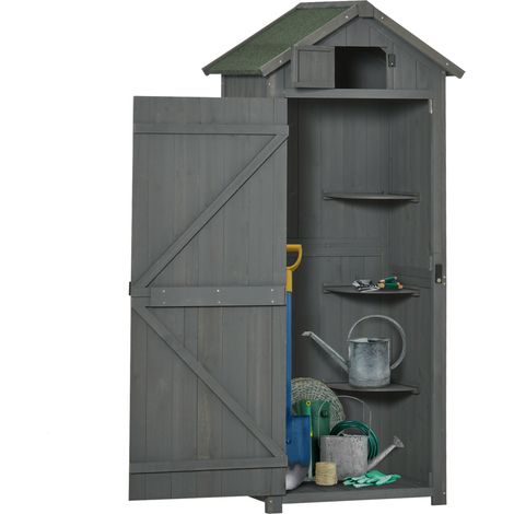 Armario de jardín de madera con estantes, techo de betún y ventana 77 x 54,2 x 179 cm gris (1/5)