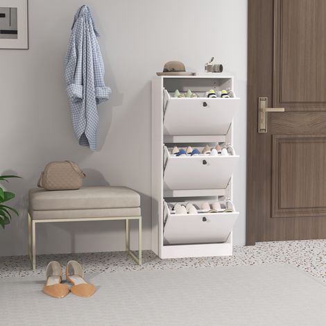 Zapatero, estante para zapatos, 3 compartimentos abatibles, ajustable, aglomerado, blanco