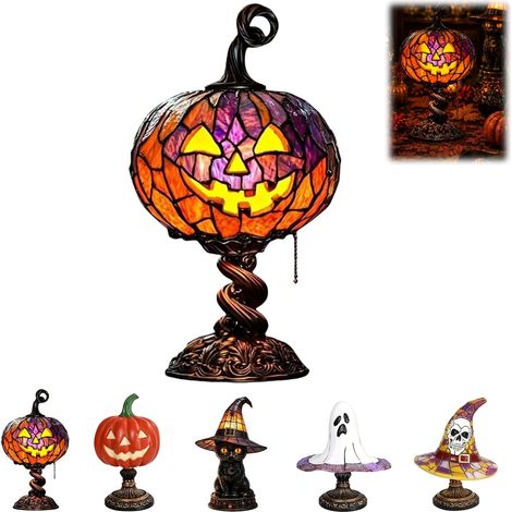 Lampe de table en vitrail en forme de citrouille d'Halloween, lampe citrouille Tiffany, lampe de table vintage avec chapeau de sorcière en résine, décoration gothique, lampe de table décorative alimen (1/4)