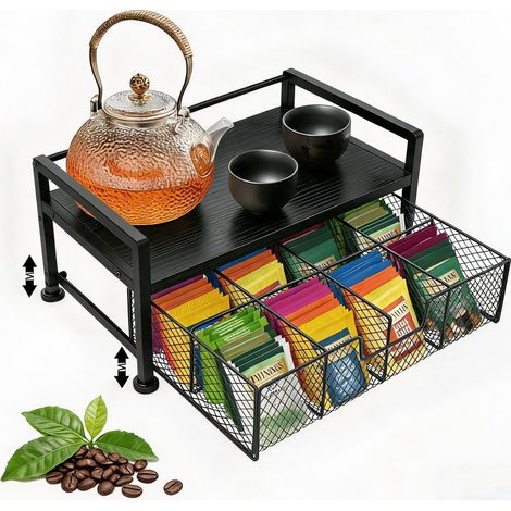 Boîte à thé avec tiroirs et 8 compartiments, étagère de cuisine, plan de travail, organisateur pour sachets de thé, café, épices, étagère à café à 1 niveau pour cuisine, maison, bureau (1/5)