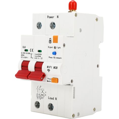 Disjoncteur WiFi 63A 2P, protection fuites de courant, commande à distance via application, montage rail DIN, 230V AC, intelligent. (1/5)