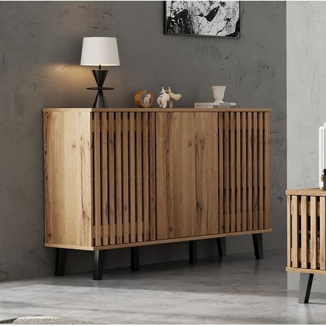 Buffet 150x40x95 cm bois naturel en panneaux de particules avec 3 portes et 6 compartiments (1/5)