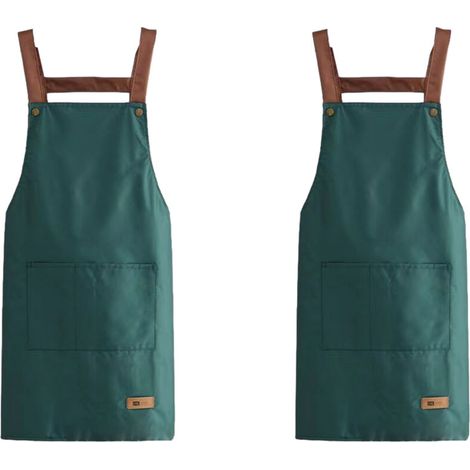 Tablier de cuisine imperméable à bavette ajustable en 2 pièces avec 2 poches, pour femme chef, couleur unie//.... (1/5)
