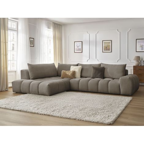 Bobochic – Canapé d'angle fixe 4 places – Tissu texturé déperlant taupe – Longueur 352cm – Confort moelleux – À monter soi-même (1/5)