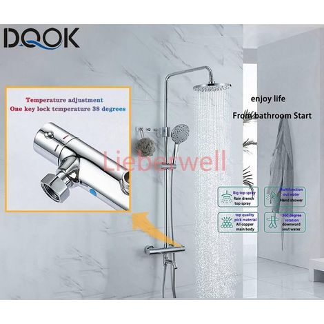 JW006 DQOK Thermostatic Shower System, Chrome, Dual Handle, Rain and Cascade Shower, Bathtub Taps, Sliding Bar, Ceramic Valve, (1/5)