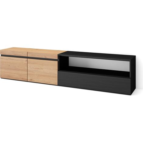 Skraut Home - Mobile TV Soggiorno, Ampio spazio a disposizione, 200x45x35cm, Per TV fino a 80", Mobile Soggiorno, Stile moderno, Rovere e nero (1/5)