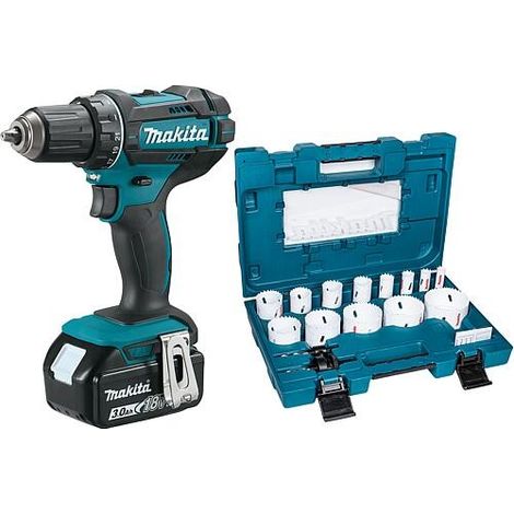 Perceuse-visseuse sans fil Makita 18 V DDF482RFJ avec 2x Batteries 3,0 Ah et Chargeur + Kit de scie cloche (1/3)