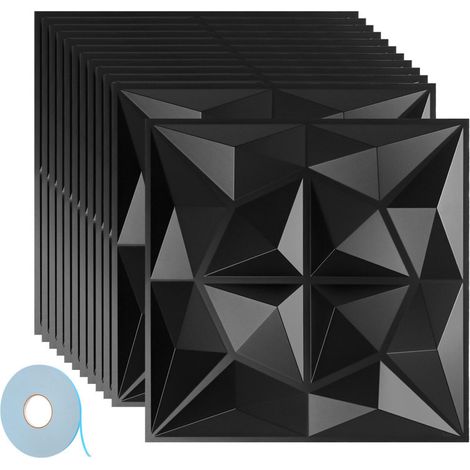 SWANEW Pannello murale 3D da dipingere - confezione da 1,08 m² - lotto di 12 pezzi - 0,3x0,3 m - Nero - Con nastro biadesivo (1/4)