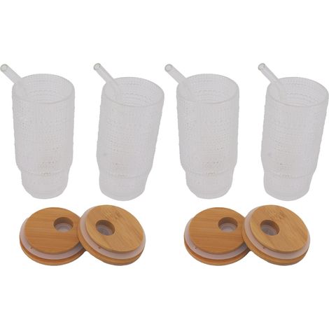 Verres à boire vintage de 325 ml (11 oz) avec couvercles en bambou, pailles pour café glacé, cocktails et smoothies. (1/5)