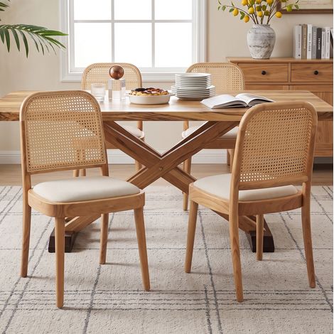 Chaises de salle à manger en bois et rotin, assise en lin, 52 x 45 x 84 cm, couleur bois HAVRYA (1/5)
