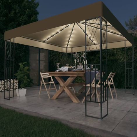 Carpa cenador de jardín con tira de luces LED 3x3 m tela taupé (1/5)