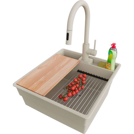 PRIMAGRAN Evier Cuisine en Granit 48x53cm,Lavabo 1 bac + Robinet 40x20cm + Kit de Vidage + Accessoires, Évier à Encastrer au meuble 50cm - New York, Beige (1/5)