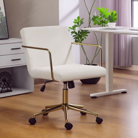 Silla de oficina con ruedas y detalles dorados, silla de ordenador con base metálica, tapizada en tela con aspecto de terciopelo, color blanco crema.