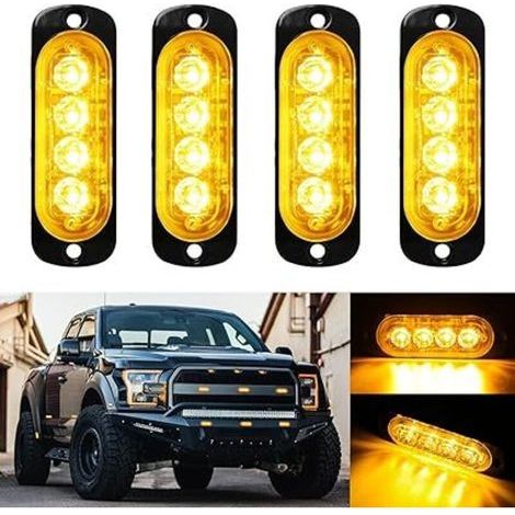 SHINING HOUSE 12V 24V Feux Stroboscopique Feux latéraux, 4PCS 4 LEDs Lampe Flash Warining Beacon Lights Barre Lumière d'urgence pour Voiture Camion Remorque Tracteur Backhoe élévateur ATV UTV Pickup