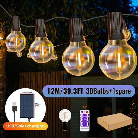 (12 m, 31 ampoules) Guirlande lumineuse solaire d'extérieur, lampes de jardin G40, résistante aux intempéries, convient aux jardins. (1/5)
