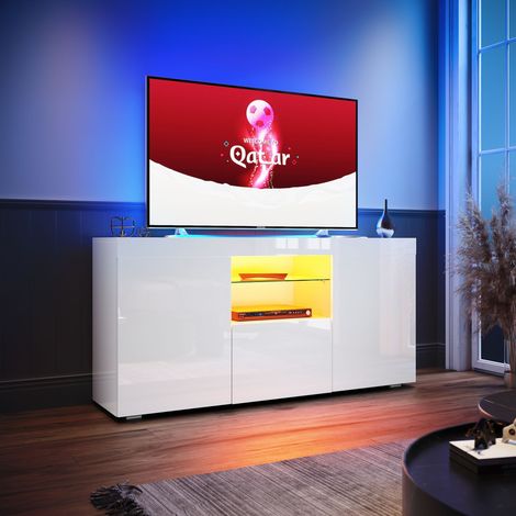 ELEGANT TV Stand TV Unit TV Cabinet with LED Lights High Gloss with Storage 1350mm White TV cabinet
