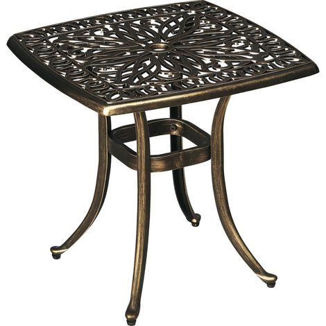 Vintage Gartentisch aus Aluminiumguss, bronzefarben, mit Öffnung für einen Sonnenschirm, Maße 54x54x52,5 cm, dekoratives Retro-Design.