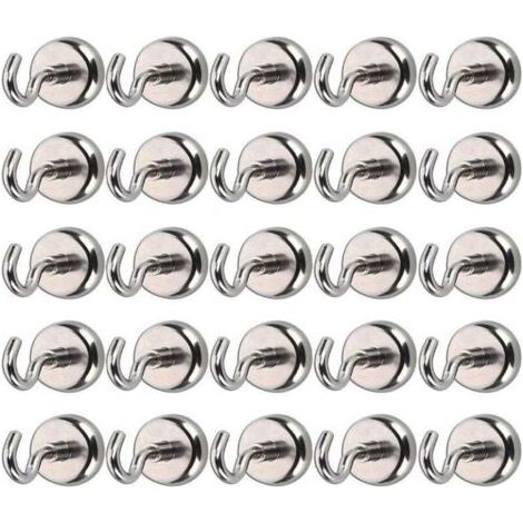 Lot de 25 crochets magnétiques, Crochet de rangement, Puissant Aimant Néodyme, la force de traction de 8 kg pour Cuisine Casiers de Bureau Aimant de Réfrigérateur (Argent) (1/4)