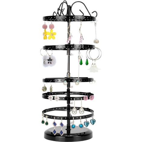 ® 5 Niveaux porte de boucles d'oreilles, Support bijoux rotatif en métal, Distance entre les niveaux réglable, Capacité de 210 trous pour 105 paires (1/5)
