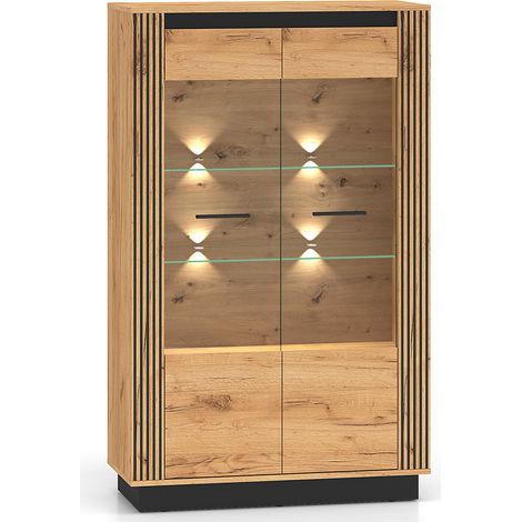 Vitrinenschrank 92 cm breit inkl. Beleuchtung modern in Eiche und schwarz URBANIA-131 (1/5)
