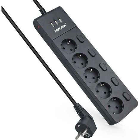 Multiprise Electrique 5 Prises avec 3 Ports USB, Multiprise Electrique USB avec Interrupteur et Multiprise Parafoudre et Surtension pour Smartphone, Maison, Bureau, 2M, 2500W/10A