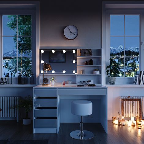Schminktisch Sherry, Weiß, 145 cm mit LED Beleuchtung, Hocker und Spiegelregal, Vicco (1/5)