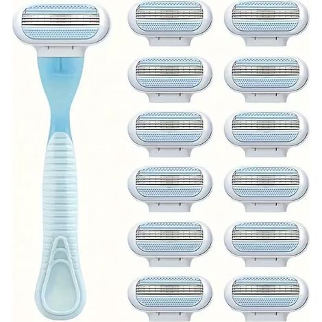 Rasoir Sécurité Femme 3 Lames Acier Inoxydable - Épilation Jambes Aisselles Bikini (1 Manche + 12 Lames Rechange Bleu) (1/4)