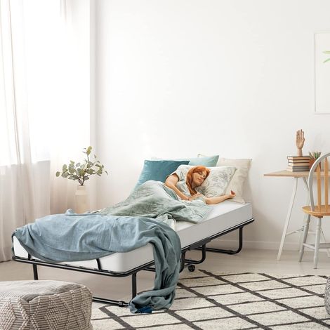 Lit Pliant 80x190 cm avec Matelas en Mousse Mémoire de Forme Lit d’Appoint Pliable en Acier avec 4 roulettes Universelles pour Maison Bureau (1/3)