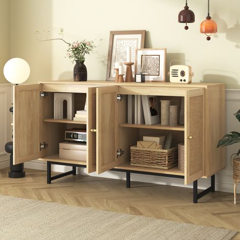 Credenza 140x39,5x80cm Mobiletto multiuso, 4 ante in rattan, legno e truciolare, colore legno naturale (1/5)