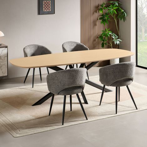 Ensemble table 200 cm effet chêne + 4 chaises tissu bouclette gris (1/5)